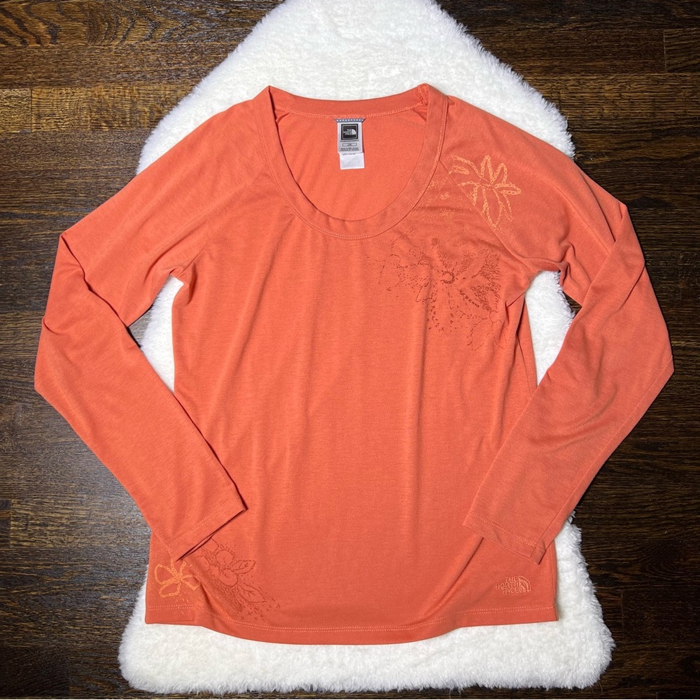 North Face Orange Floral Long Sleeve T-Shirt Large - Picture 1 of 12